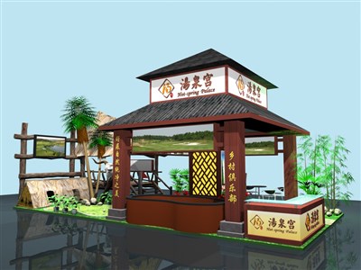 72平米展臺(tái)設(shè)計(jì)制作：四面開(kāi)口/田園/木質(zhì)結(jié)構(gòu)/咖啡色，為旅游展展商而作（免費(fèi)使用）