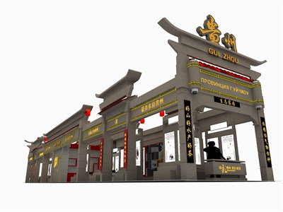 216平米展臺設計制作：四面開口/中式/木質結構/灰色，為旅游展展商而作（免費使用）