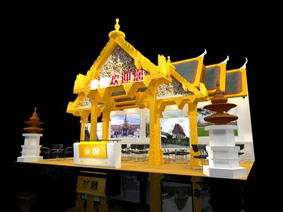 54平米展臺(tái)設(shè)計(jì)制作：三面開(kāi)口/現(xiàn)代/木質(zhì)結(jié)構(gòu)/黃色，為旅游展展商而作（免費(fèi)使用）