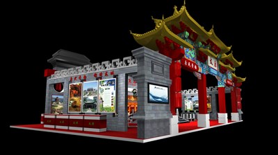 200平米展臺設計制作：四面開口/中式/木質結構/灰色，為旅游展展商而作（免費使用）
