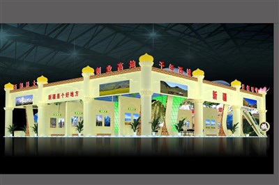 810平米展臺設計制作：四面開口/歐式/木質(zhì)結(jié)構(gòu)/米色，為旅游展展商而作（免費使用）