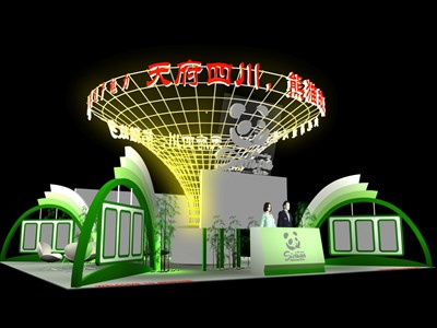 100平米展臺(tái)設(shè)計(jì)制作：四面開口/前衛(wèi)/型材結(jié)構(gòu)/綠色，為旅游展展商而作（免費(fèi)使用）