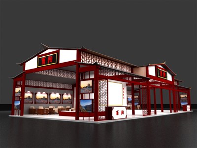 220平米展臺(tái)設(shè)計(jì)制作：三面開口/中式/木質(zhì)結(jié)構(gòu)/紅色，為旅游展展商而作（免費(fèi)使用）