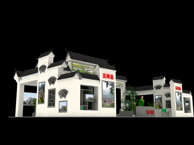 127.5平米展臺設(shè)計制作：四面開口/中式/木質(zhì)結(jié)構(gòu)/米色，為旅游展展商而作（免費使用）