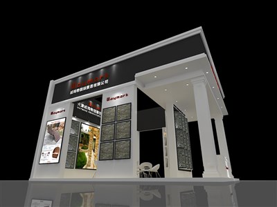 56平米展臺(tái)設(shè)計(jì)制作：三面開(kāi)口/歐式/木質(zhì)結(jié)構(gòu)/灰色，為建材展展商而作（免費(fèi)使用）