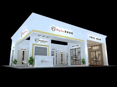 120平米展臺設(shè)計(jì)制作：二面開口/歐式/木質(zhì)結(jié)構(gòu)/白色，為建材展展商而作（免費(fèi)使用）