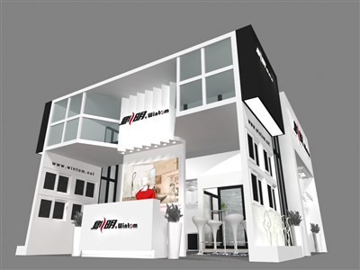 42平米展臺(tái)設(shè)計(jì)制作：二面開口/現(xiàn)代/型材結(jié)構(gòu)/白色，為建材展展商而作（免費(fèi)使用）