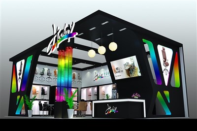 77平米展臺設(shè)計(jì)制作：二面開口/現(xiàn)代/木質(zhì)結(jié)構(gòu)/彩色，為建材展展商而作（免費(fèi)使用）