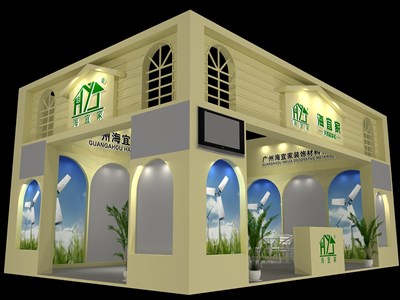 54平米展臺設(shè)計制作：二面開口/歐式/木質(zhì)結(jié)構(gòu)/米色，為建材展展商而作（免費使用）