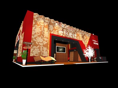 240平米展臺設(shè)計制作：三面開口/現(xiàn)代/木質(zhì)結(jié)構(gòu)/紅色，為建材展展商而作（免費(fèi)使用）