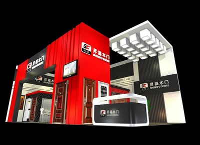 72平米展臺(tái)設(shè)計(jì)制作：二面開(kāi)口/現(xiàn)代/木質(zhì)結(jié)構(gòu)/紅色，為建材展展商而作（免費(fèi)使用）