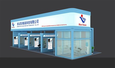 90平米展臺設(shè)計制作：三面開口/現(xiàn)代/木質(zhì)結(jié)構(gòu)/藍(lán)色，為建材展展商而作（免費(fèi)使用）