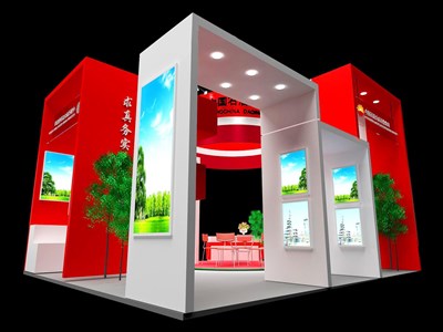 36平米展臺設計制作：三面開口/現代/木質結構/紅色，為綜合展展商而作（免費使用）