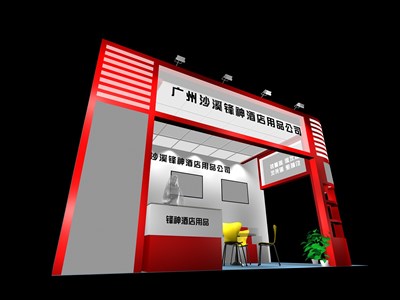 18平米展臺設(shè)計制作：二面開口/現(xiàn)代/木質(zhì)結(jié)構(gòu)/紅色，為綜合展展商而作（免費使用）