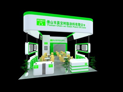 54平米展臺(tái)設(shè)計(jì)制作：三面開(kāi)口/現(xiàn)代/木質(zhì)結(jié)構(gòu)/綠色，為建材展展商而作（免費(fèi)使用）