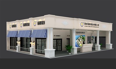 192平米展臺設(shè)計制作：一面開口/歐式/木質(zhì)結(jié)構(gòu)/米色，為建材展展商而作（免費使用）