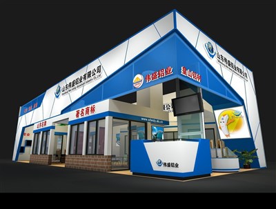 126平米展臺設計制作：二面開口/現代/木質結構/藍色，為建材展展商而作（免費使用）