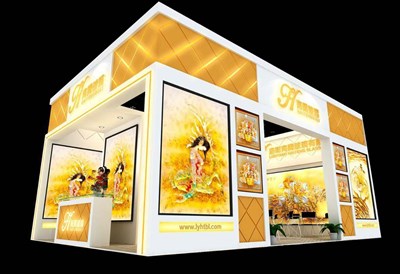 54平米展臺(tái)設(shè)計(jì)制作：二面開(kāi)口/現(xiàn)代/木質(zhì)結(jié)構(gòu)/黃色，為建材展展商而作（免費(fèi)使用）