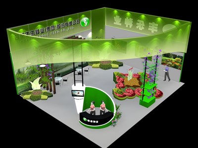 120平米展臺設計制作：二面開口/現(xiàn)代/木質結構/綠色，為綜合展展商而作（免費使用）
