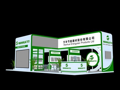 72平米展臺設計制作：三面開口/現(xiàn)代/木質(zhì)結構/綠色，為建材展展商而作（免費使用）