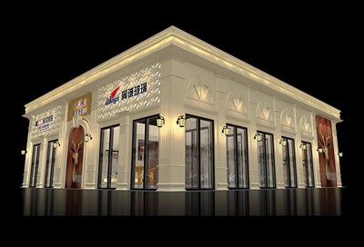 162平米展臺(tái)設(shè)計(jì)制作：二面開口/現(xiàn)代/型材結(jié)構(gòu)/灰色，為建材展展商而作（免費(fèi)使用）