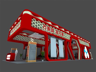 200平米展臺設計制作：四面開口/現(xiàn)代/木質(zhì)結(jié)構/紅色，為建材展展商而作（免費使用）