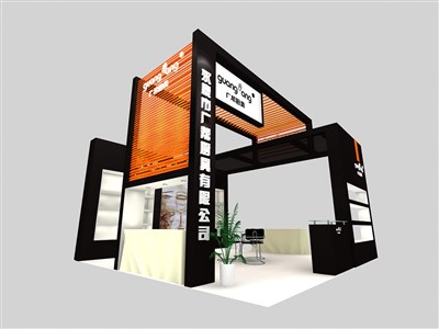36平米展臺(tái)設(shè)計(jì)制作：三面開口/現(xiàn)代/木質(zhì)結(jié)構(gòu)/黑色，為建材展展商而作（免費(fèi)使用）