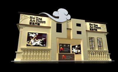 150平米展臺設計制作：四面開口/歐式/木質(zhì)結(jié)構(gòu)/米色，為建材展展商而作（免費使用）