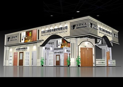 135平米展臺(tái)設(shè)計(jì)制作：三面開口/歐式/木質(zhì)結(jié)構(gòu)/白色，為建材展展商而作（免費(fèi)使用）