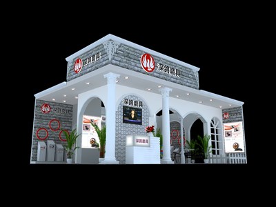 54平米展臺(tái)設(shè)計(jì)制作：三面開(kāi)口/歐式/木質(zhì)結(jié)構(gòu)/灰色，為建材展展商而作（免費(fèi)使用）