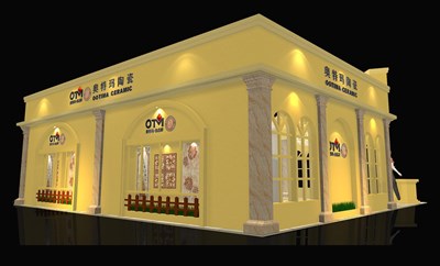 121平米展臺設計制作：二面開口/歐式/木質(zhì)結(jié)構(gòu)/黃色，為建材展展商而作（免費使用）