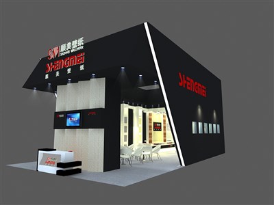 84平米展臺設(shè)計制作：三面開口/現(xiàn)代/木質(zhì)結(jié)構(gòu)/黑色，為建材展展商而作（免費(fèi)使用）