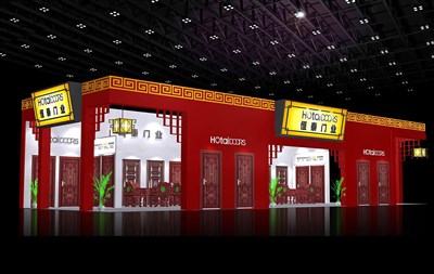 140平米展臺設(shè)計制作：三面開口/中式/木質(zhì)結(jié)構(gòu)/紅色，為建材展展商而作（免費使用）