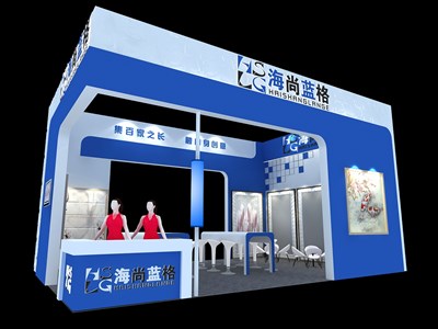 54平米展臺(tái)設(shè)計(jì)制作：三面開口/現(xiàn)代/木質(zhì)結(jié)構(gòu)/藍(lán)色，為建材展展商而作（免費(fèi)使用）