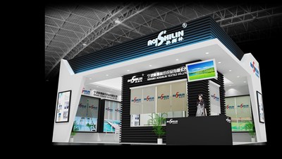 63平米展臺設(shè)計制作：二面開口/現(xiàn)代/木質(zhì)結(jié)構(gòu)/黑色，為建材展展商而作（免費使用）