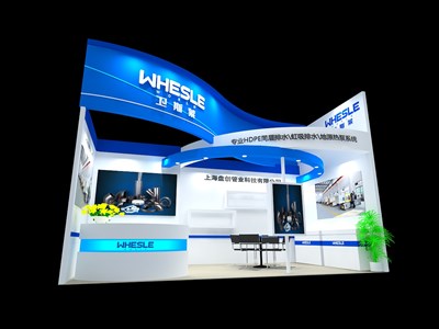 18平米展臺設(shè)計制作：一面開口/現(xiàn)代/木質(zhì)結(jié)構(gòu)/藍(lán)色，為建材展展商而作（免費使用）