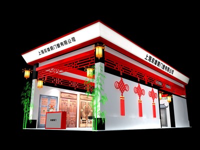 90平米展臺設(shè)計(jì)制作：二面開口/中式/木質(zhì)結(jié)構(gòu)/紅色，為建材展展商而作（免費(fèi)使用）