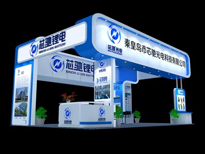 54平米展臺設計制作：四面開口/現(xiàn)代/木質結構/藍色，為電子展展商而作（免費使用）