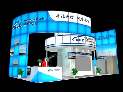 72平米展臺設(shè)計制作：三面開口/現(xiàn)代/型材結(jié)構(gòu)/藍色，為電子展展商而作（免費使用）