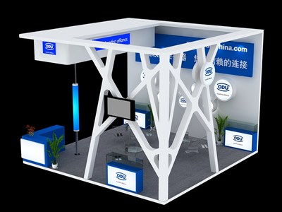 36平米展臺設(shè)計制作：三面開口/現(xiàn)代/木質(zhì)結(jié)構(gòu)/藍(lán)色，為電子展展商而作（免費(fèi)使用）