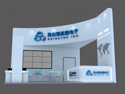 54平米展臺(tái)設(shè)計(jì)制作：三面開口/現(xiàn)代/木質(zhì)結(jié)構(gòu)/白色，為電子展展商而作（免費(fèi)使用）