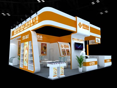 64平米展臺設(shè)計(jì)制作：三面開口/現(xiàn)代/木質(zhì)結(jié)構(gòu)/橙色，為食品展展商而作（免費(fèi)使用）