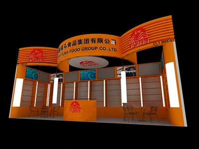 27平米展臺設(shè)計制作：一面開口/現(xiàn)代/木質(zhì)結(jié)構(gòu)/橙色，為食品展展商而作（免費使用）