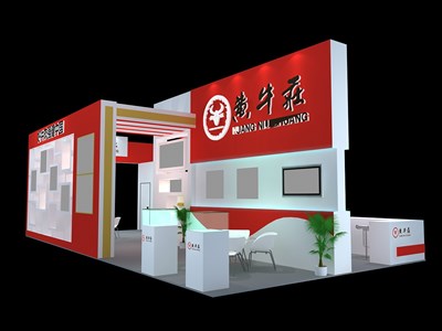 72平米展臺(tái)設(shè)計(jì)制作：四面開(kāi)口/現(xiàn)代/木質(zhì)結(jié)構(gòu)/紅色，為食品展展商而作（免費(fèi)使用）