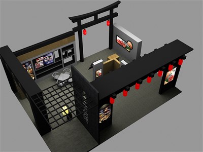 108平米展臺設(shè)計制作：四面開口/中式/木質(zhì)結(jié)構(gòu)/黑色，為食品展展商而作（免費使用）