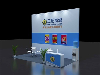 18平米展臺設(shè)計制作：二面開口/現(xiàn)代/木質(zhì)結(jié)構(gòu)/藍(lán)色，為汽配展展商而作（免費(fèi)使用）
