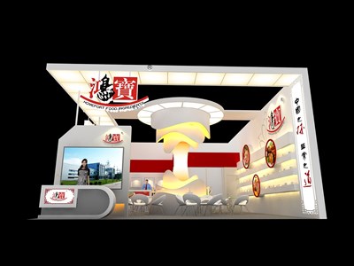 88平米展臺(tái)設(shè)計(jì)制作：二面開(kāi)口/現(xiàn)代/木質(zhì)結(jié)構(gòu)/米色，為食品展展商而作（免費(fèi)使用）