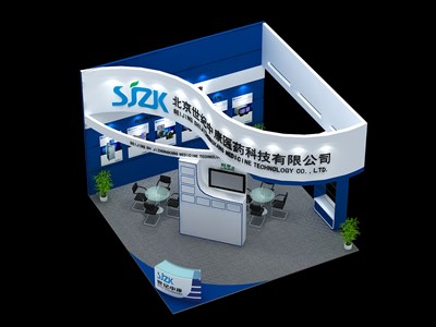 36平米展臺設計制作：三面開口/前衛(wèi)/木質(zhì)結(jié)構(gòu)/藍色，為醫(yī)藥展展商而作（免費使用）