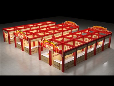 300平米展臺(tái)設(shè)計(jì)制作：四面開口/現(xiàn)代/桁架結(jié)構(gòu)/紅色，為日用品展展商而作（免費(fèi)使用）