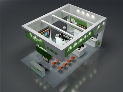 54平米展臺設(shè)計制作：三面開口/現(xiàn)代/木質(zhì)結(jié)構(gòu)/綠色，為電子展展商而作（免費使用）